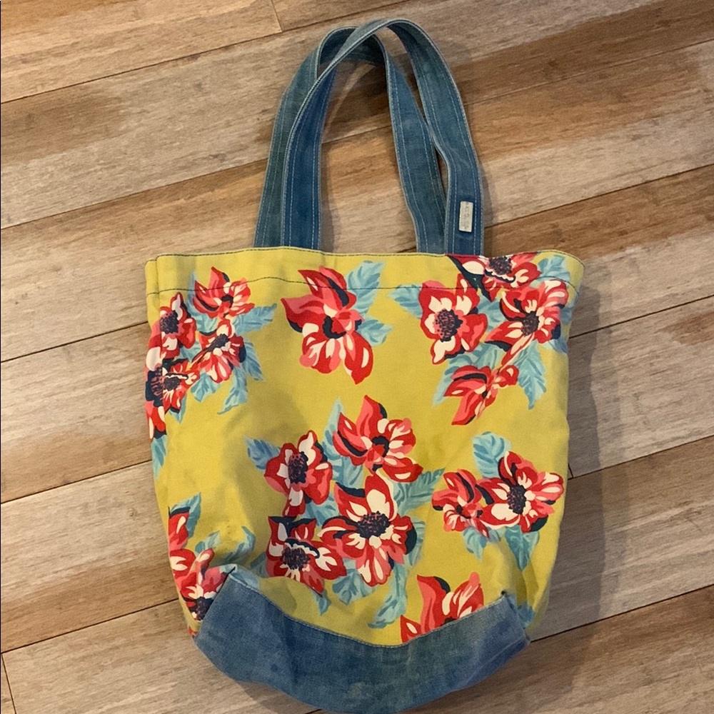 Floral Tote Bag with Denim Accents